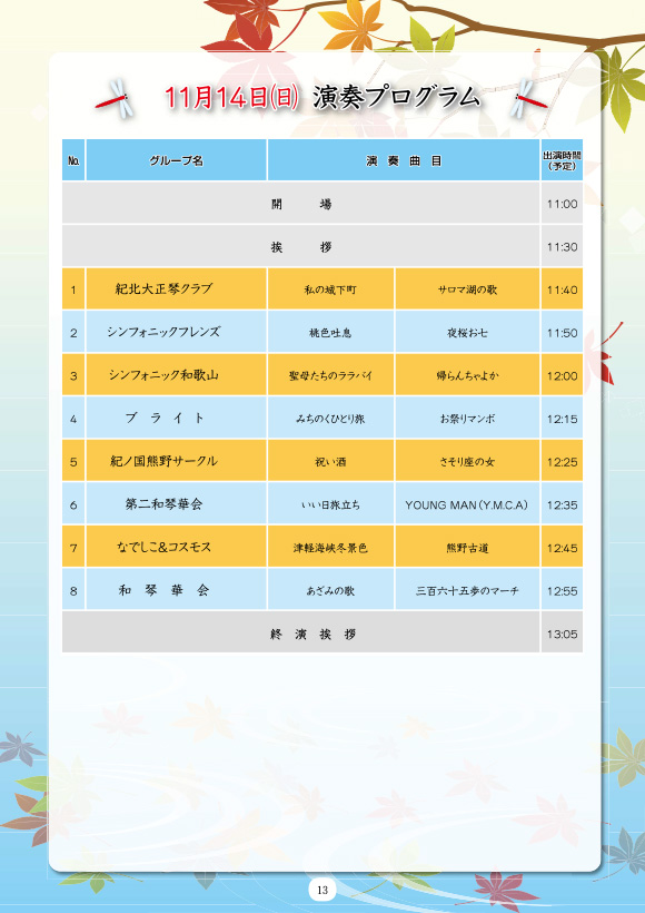 第36回国民文化祭・わかやま2021「大正琴の祭典」14日プログラム